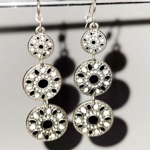 Round Dangling Black and White Silver-tone Drop Pierced Earrings